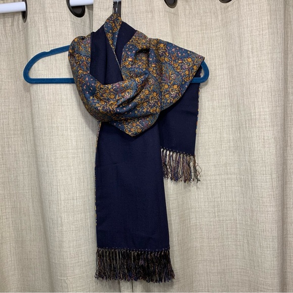 Vintage Liberty Silk Floral Scarf Wool Navy Blue Reverse Brown Botanical Fringes - Picture 10 of 13